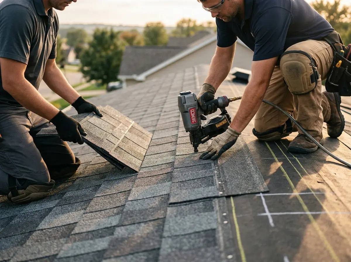 Professional roofer working on a residential roof in Roanoke Rapids